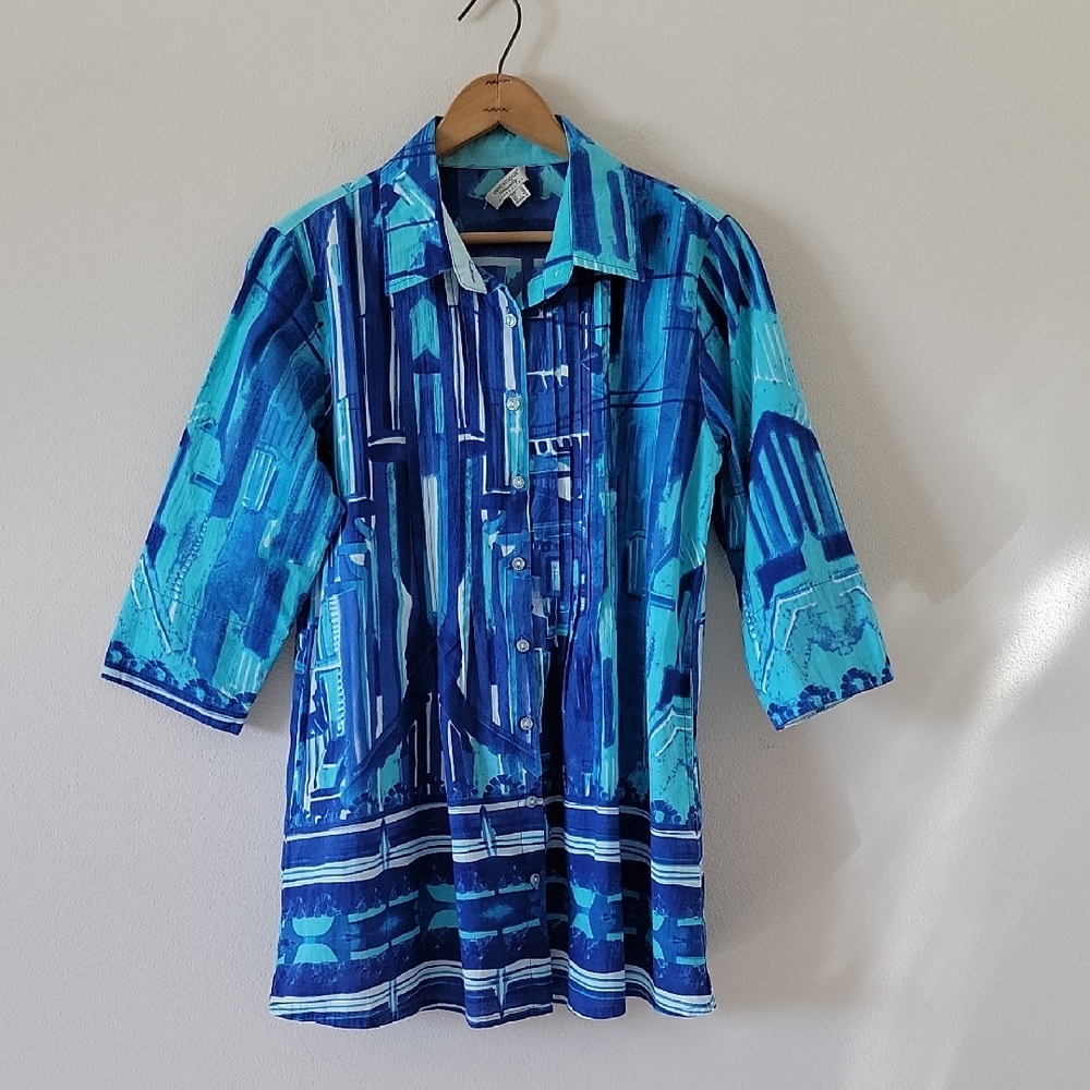Orientique Naturally Australian Blue Button Down Tunic Size Small